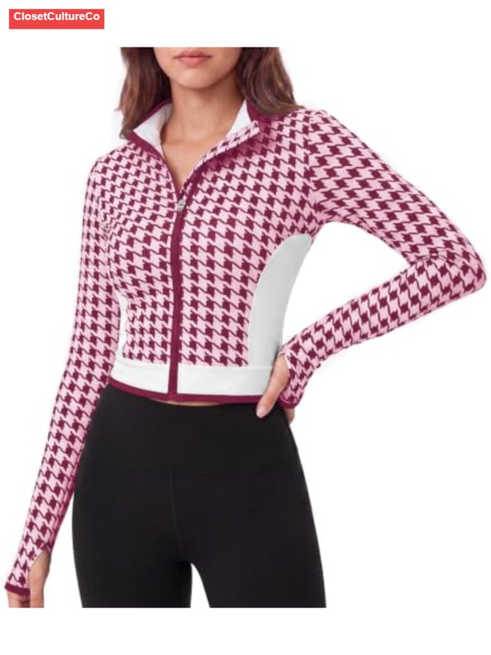 Houndstooth Crop Workout Jacket Zip Up Thumb Holes 75% Polyamide 25% Elastane